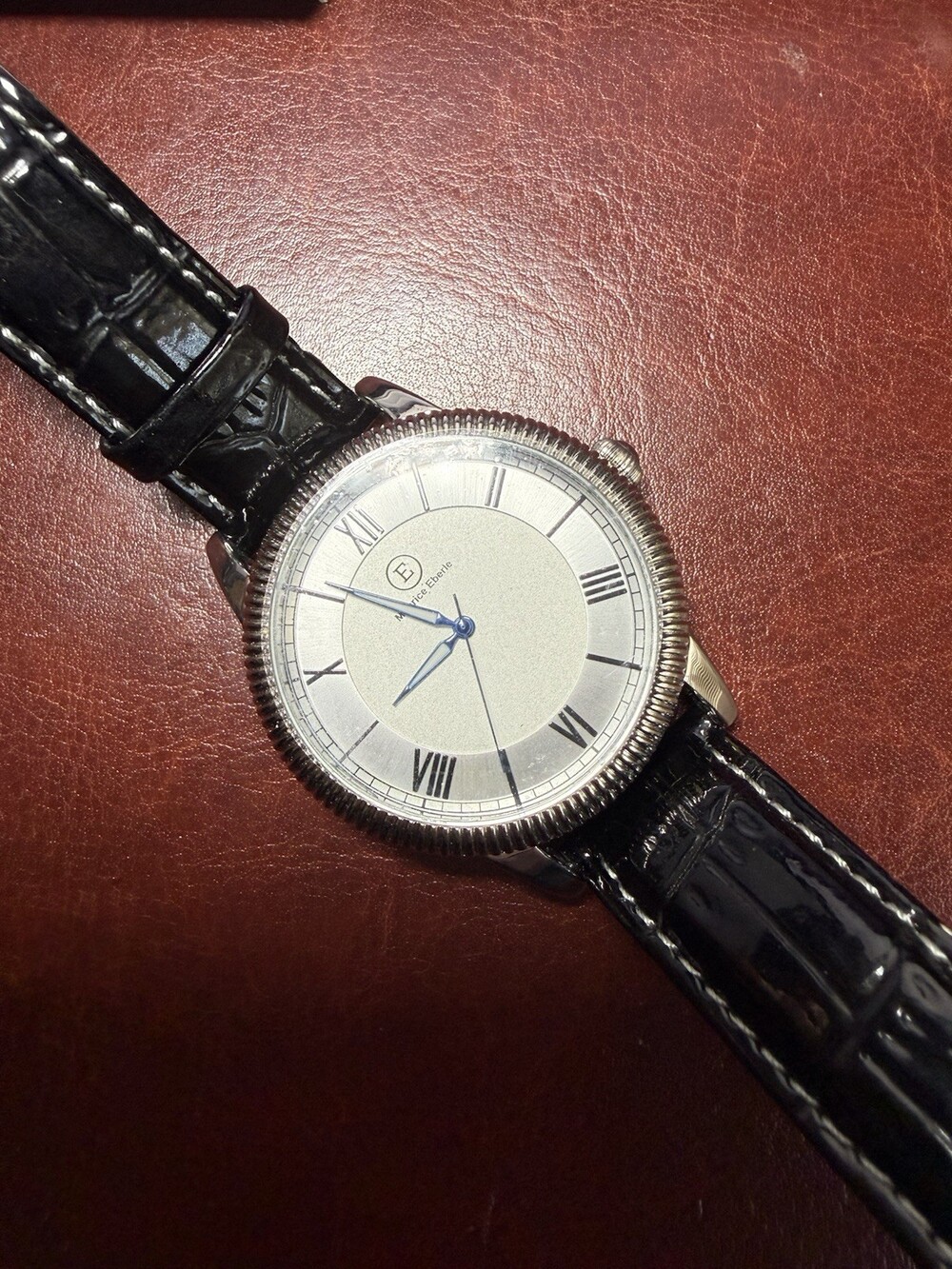 Maurice Eberle Men’s Dress Watch Silver Roman Numeral Dial Leather Untested